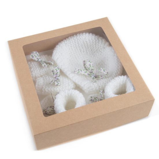 Knitted Set for Babies - Hat, Mittens and Booties, White with Flower Ribbons