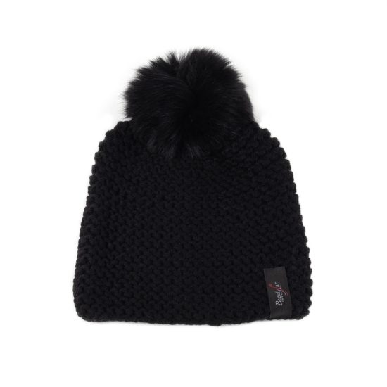 Knitted Wool Hat with Fur Pom Pom, Black
