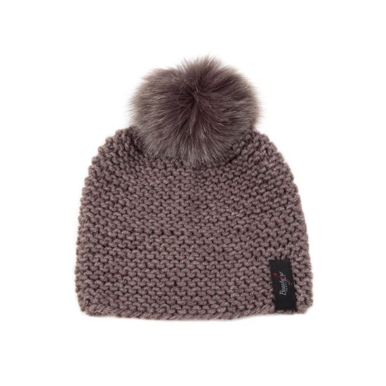 Knitted Wool Hat with Fur Pom Pom, Brown