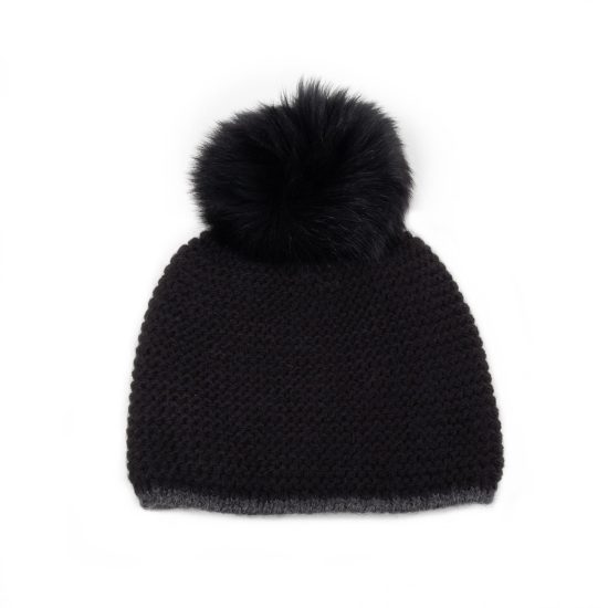 Knitted Wool Hat with Fur Pom Pom, Double Lining, Black