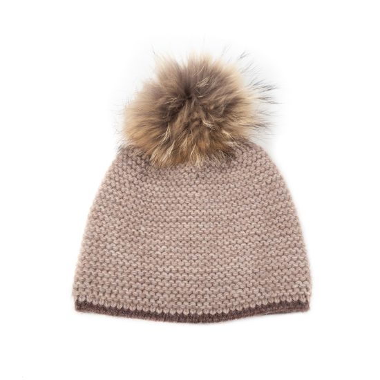 Knitted Wool Hat with Fur Pom Pom, Double Lining, Dark Beige