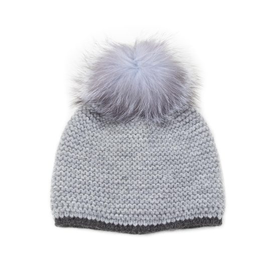 Knitted Wool Hat with Fur Pom Pom, Double Lining, Grey