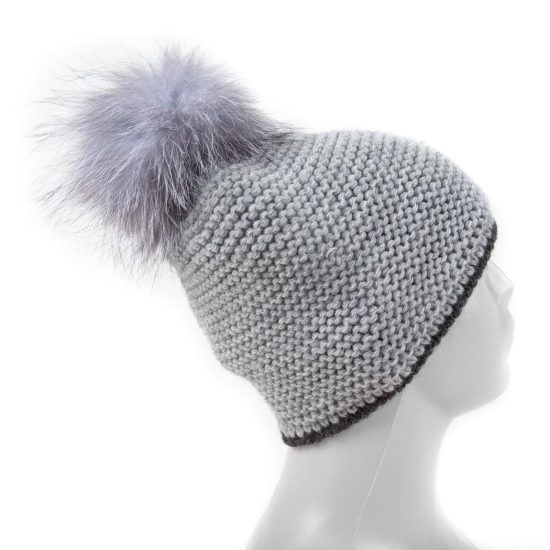 Knitted Wool Hat with Fur Pom Pom, Double Lining, Grey