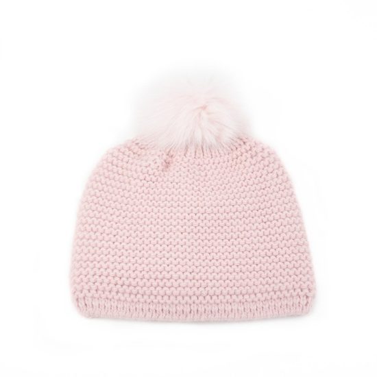 Knitted Wool Hat with Fur Pom Pom, Double Lining, Pink