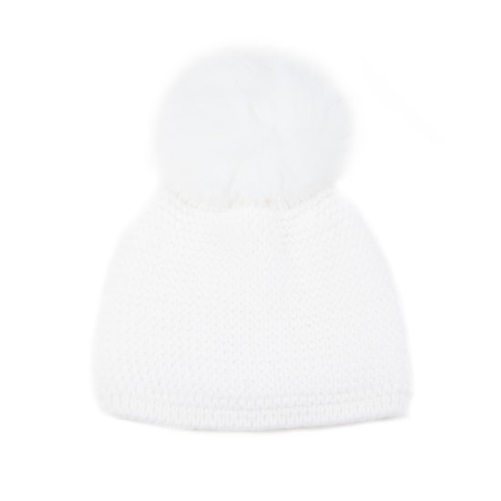Knitted Wool Hat with Fur Pom Pom, Double Lining, White