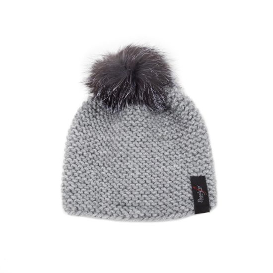 Knitted Wool Hat with Fur Pom Pom, Grey