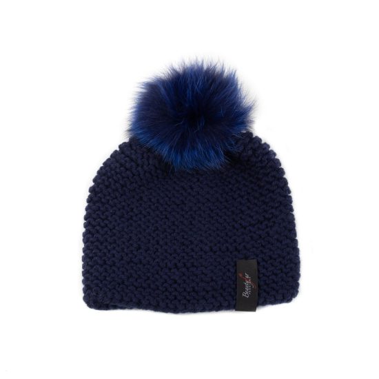 Knitted Wool Hat with Fur Pom Pom, Navy Blue