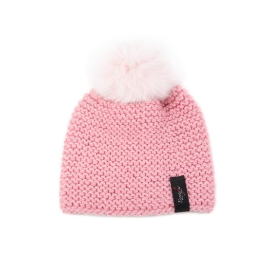 Knitted Wool Hat with Fur Pom Pom, Pink