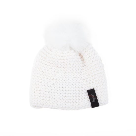 Knitted Wool Hat with Fur Pom Pom, White