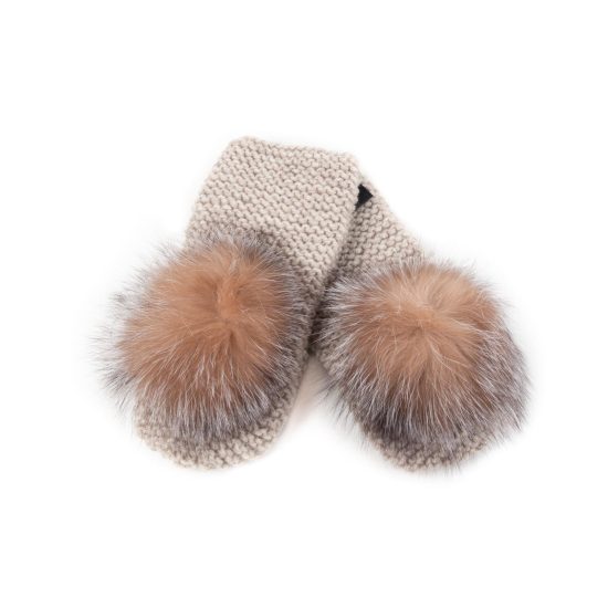 Knitted Wool Mittens with Fur Pom Pom, Beige