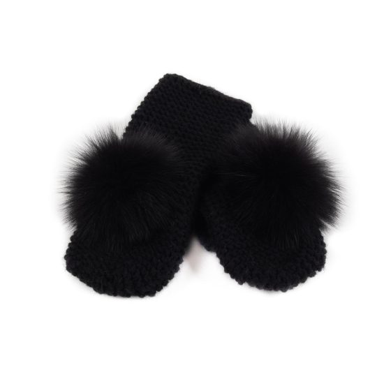 Knitted Wool Mittens with Fur Pom Pom, Black