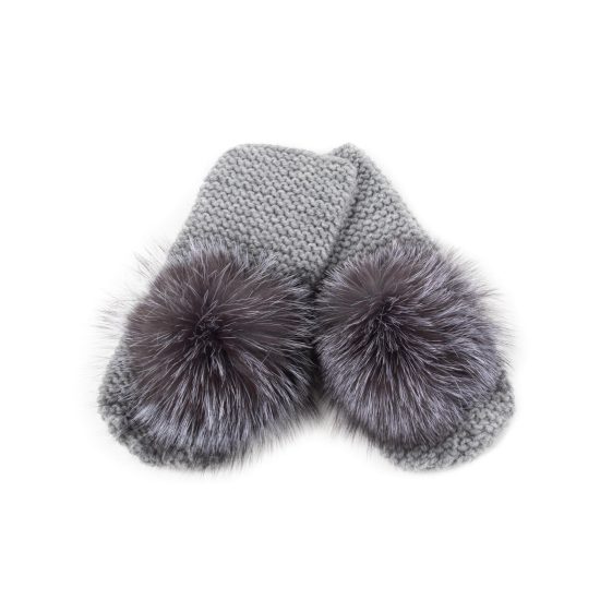 Knitted Wool Mittens with Fur Pom Pom, Grey