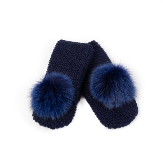 Knitted Wool Mittens with Fur Pom Pom, Navy Blue