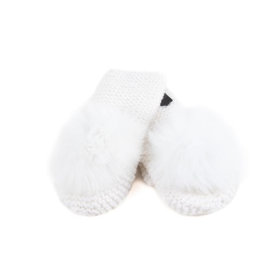 Knitted Wool Mittens with Fur Pom Pom, White
