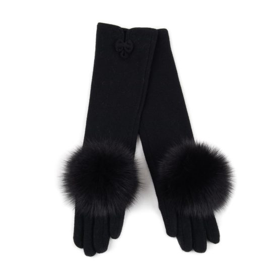 Long Wool Gloves with Fur Pom Pom, Black