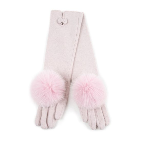 Long Wool Gloves with Fur Pom Pom, Light Pink