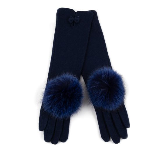Long Wool Gloves with Fur Pom Pom, Navy Blue