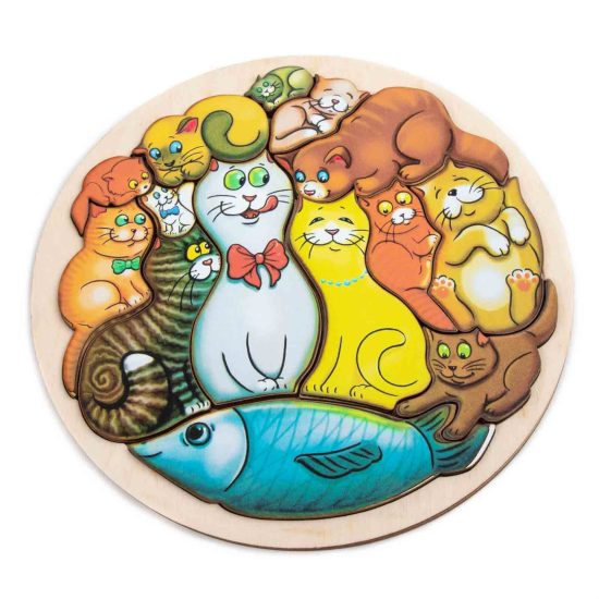 Wooden Puzzle "Cats with Fish", ø 21 cm