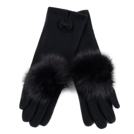 Wool Gloves with Fur Pom Pom, Black