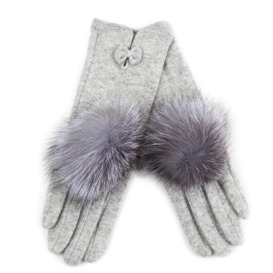 Wool Gloves with Fur Pom Pom, Light Grey