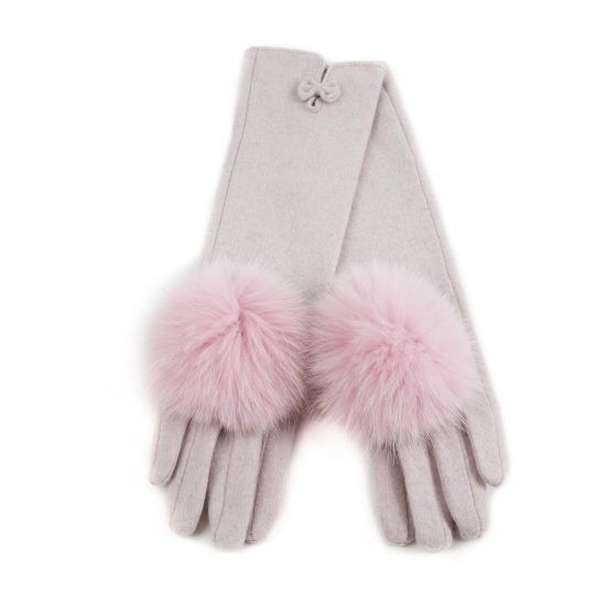 Wool Gloves with Fur Pom Pom, Light Pink
