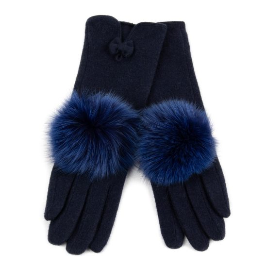 Wool Gloves with Fur Pom Pom, Navy Blue