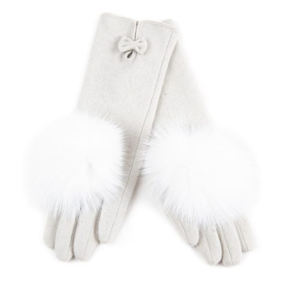 Wool Gloves with Fur Pom Pom, White
