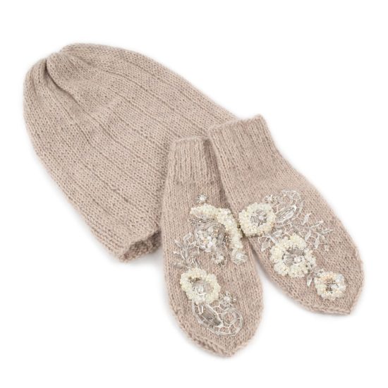Knitted Alpaca and Mohair Set - Hat and Mittens with Flower Motif, Beige