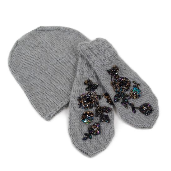 Knitted Alpaca and Mohair Set - Hat and Mittens with Flower Motif, Grey