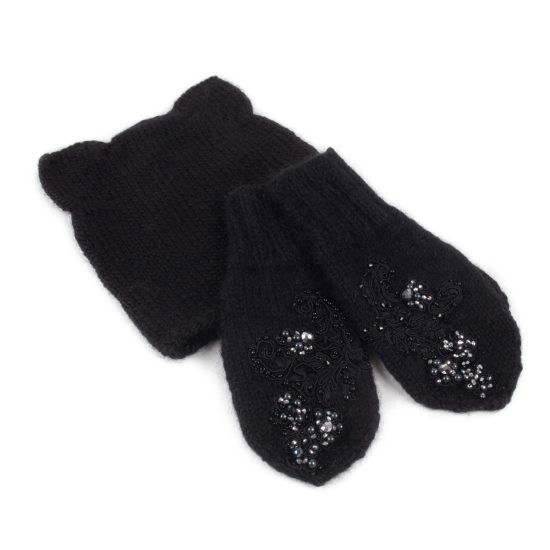 Knitted Angora and Mohair Set - Hat and Mittens with Flower Motif, Black