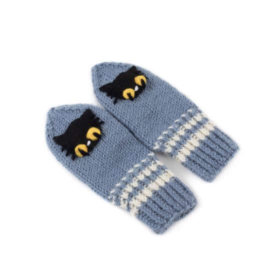 Knitted Wool Mittens For Kids - Cats, Blue with White