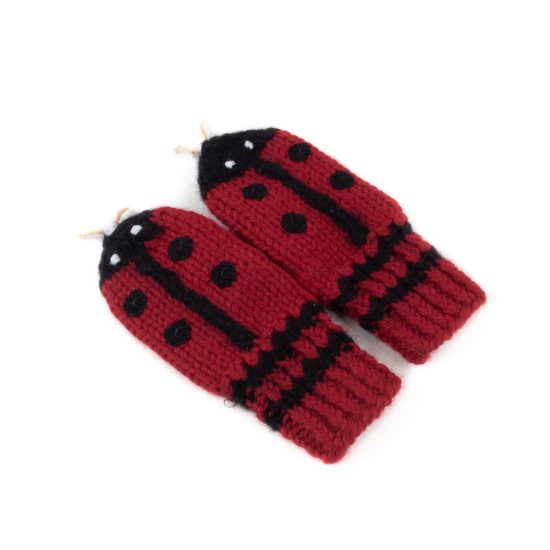 Knitted Wool Mittens For Kids - Ladybugs, Red with Black