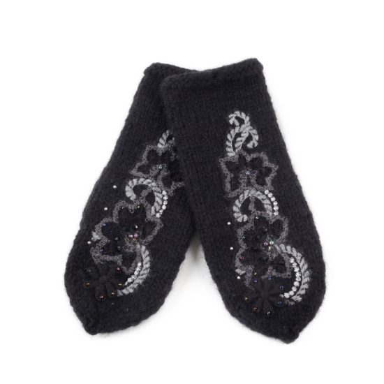 Knitted Woolen Mittens with Flowers and Beads, Black