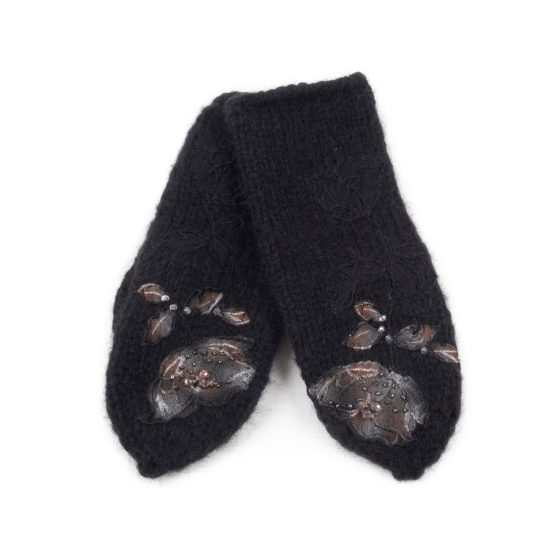 Knitted Woolen Mittens with Flowers and Beads, Black