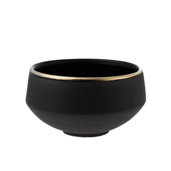 Ceramic Breakfast Bowl, Matte Black with Gold Edge, 148×80 mm