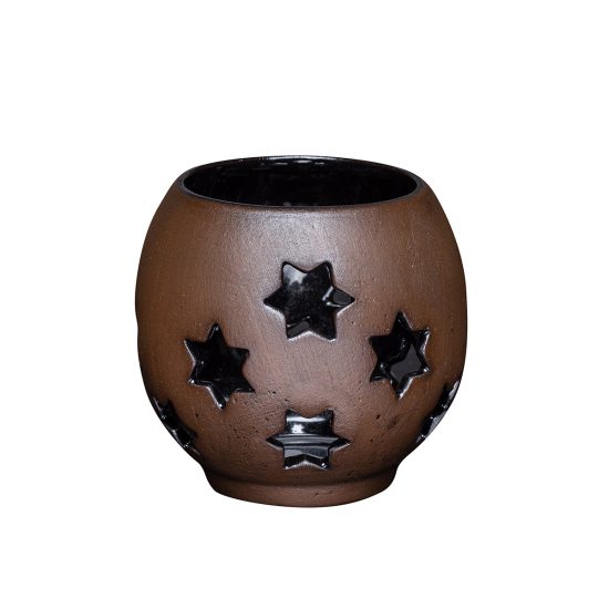 Ceramic Candle Holder with Stars, Matte Brown, 7.5 cm