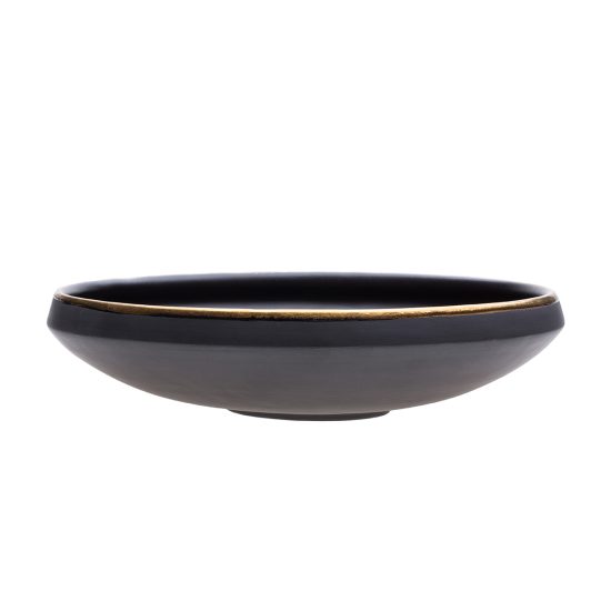 Ceramic Lunch Bowl, Matte Black with Gold Edge, 250x60 mm