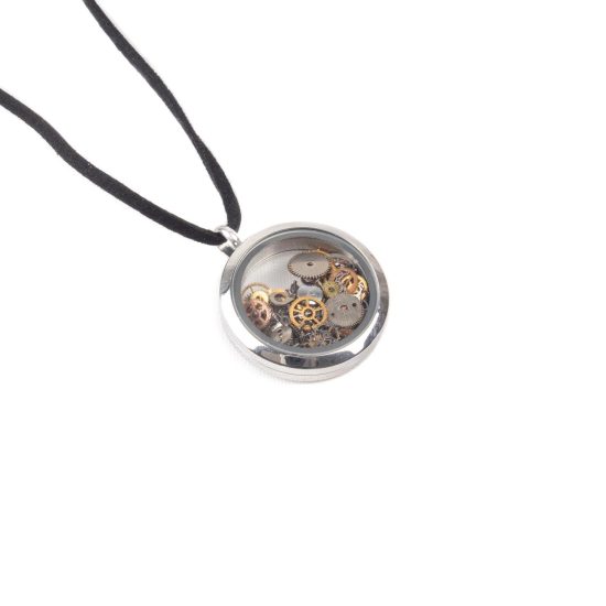 Pendant with Watch Movement Gears, Silver Color Frame, Ø 3 cm