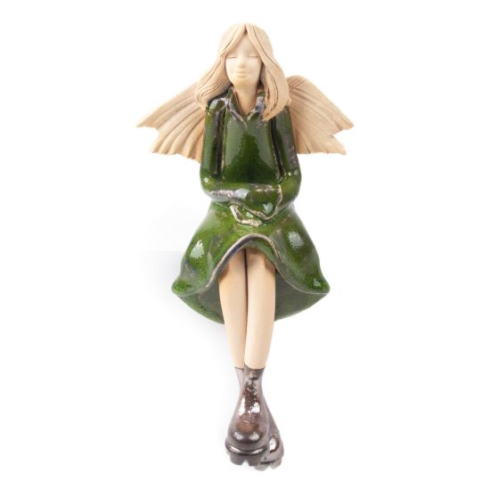 Ceramic Figure – Sitting Angel in Green Dress and Boots, 19 cm