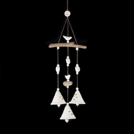 Ceramic Wind Chimes, Floral Motif with Wavy Edge, White, 3 Bells