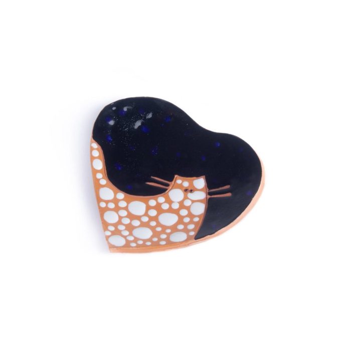 Heart-shaped ceramic plate with cat motif, black, 12×12 cm