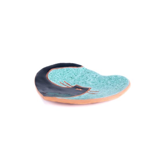 Heart-shaped Ceramic Plate with Cat Motif, Turquoise, 12x12 cm