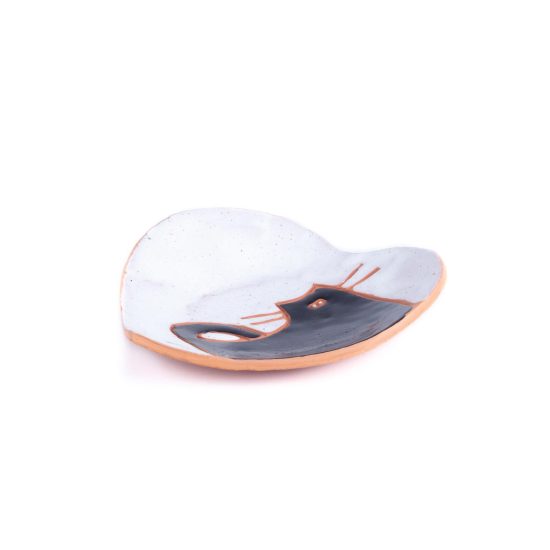 Heart-shaped Ceramic Plate with Cat Motif, White, 12×12 cm