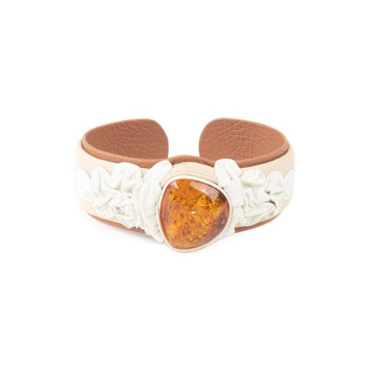 Leather Bracelet with Amber, Beige