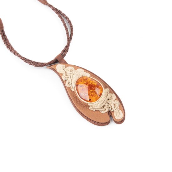 Leather Necklace with Amber, Brown
