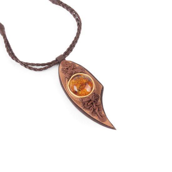Leather Necklace with Baltic Amber, Brown