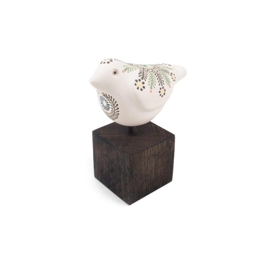 Ceramic Bird on Wooden Block, White with Pattern, 14 cm