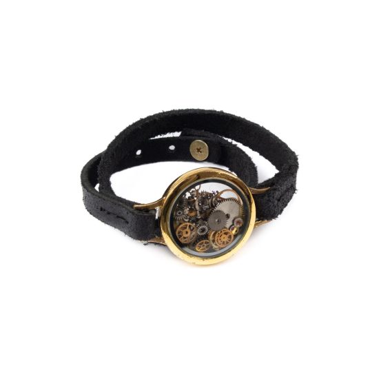 Double Wrap Bracelet with Watch Movement Gears, Gold Color Frame, Ø 3 cm