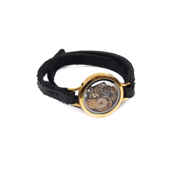Double Wrap Bracelet with Watch Movement Gears, Gold Color Frame, Ø 3 cm