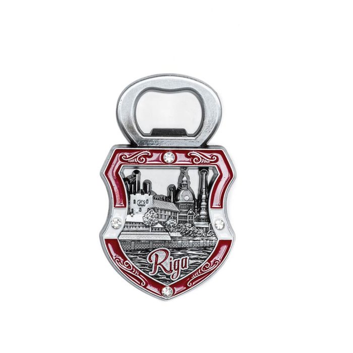 Magnet - bottle opener, emblem with a view of riga, metallic